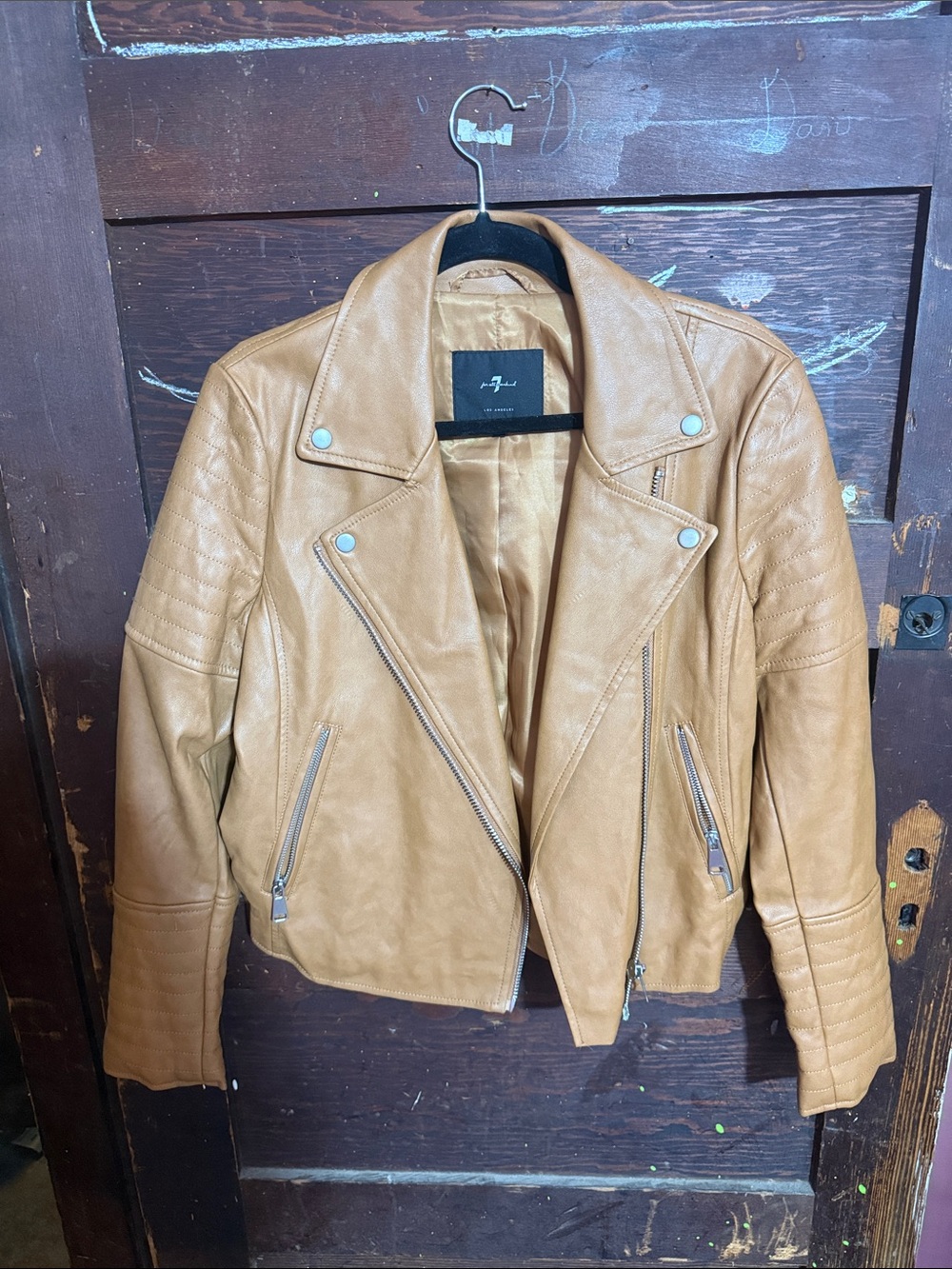 7 For All Mankind Tan Leather Moto Jacket
